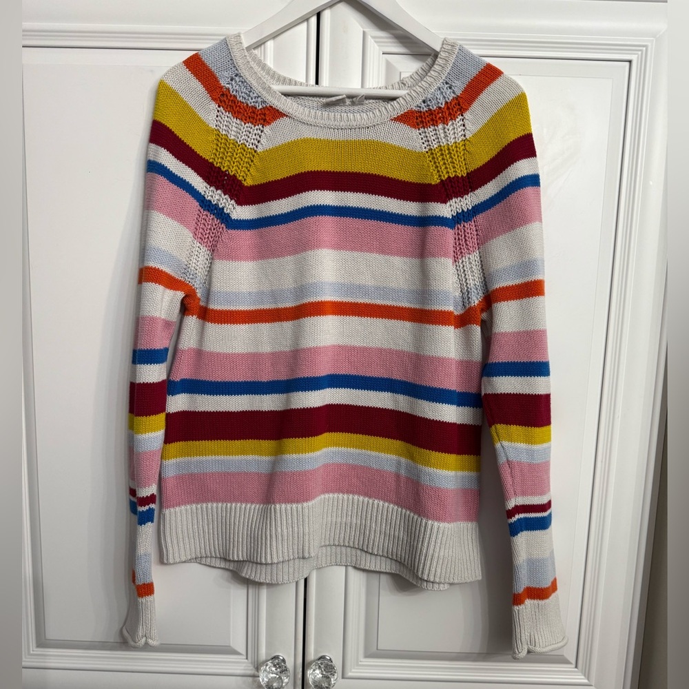 GAP Sz Large Rainbow Coloured Striped Crew Neck Cotton Sweater Ribbed Hem Cuffs
